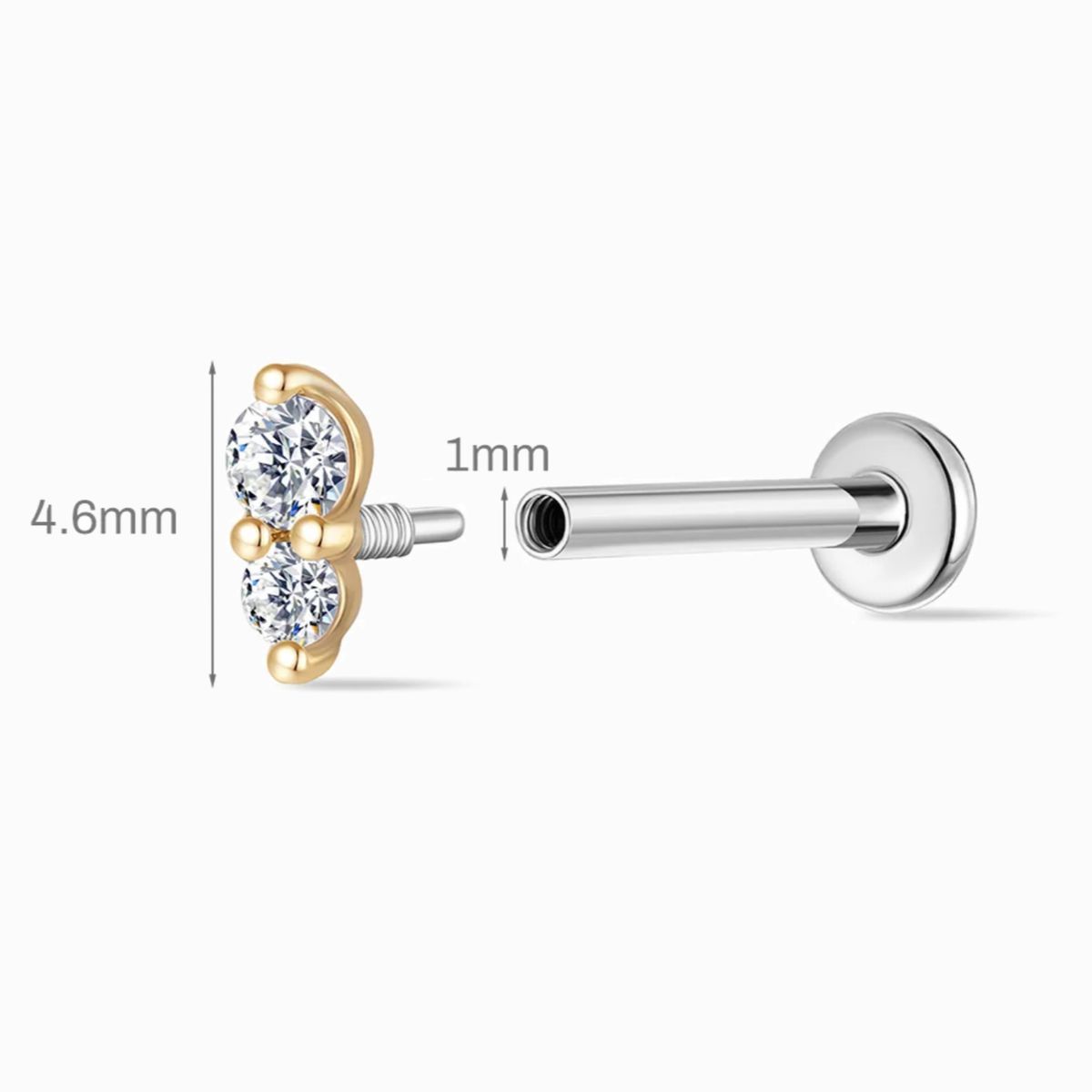 14K Solid Yellow Gold Vertical Double Gem Flat Back Stud