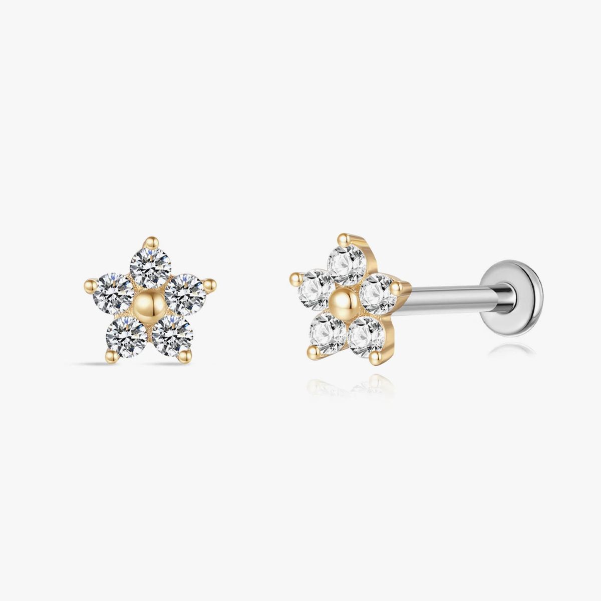 14K Solid Yellow Gold Five-Petal Floral Flat Back Stud Piercing