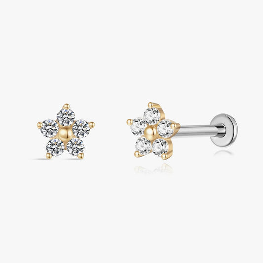14K Solid Yellow Gold Five-Petal Floral Flat Back Stud Piercing