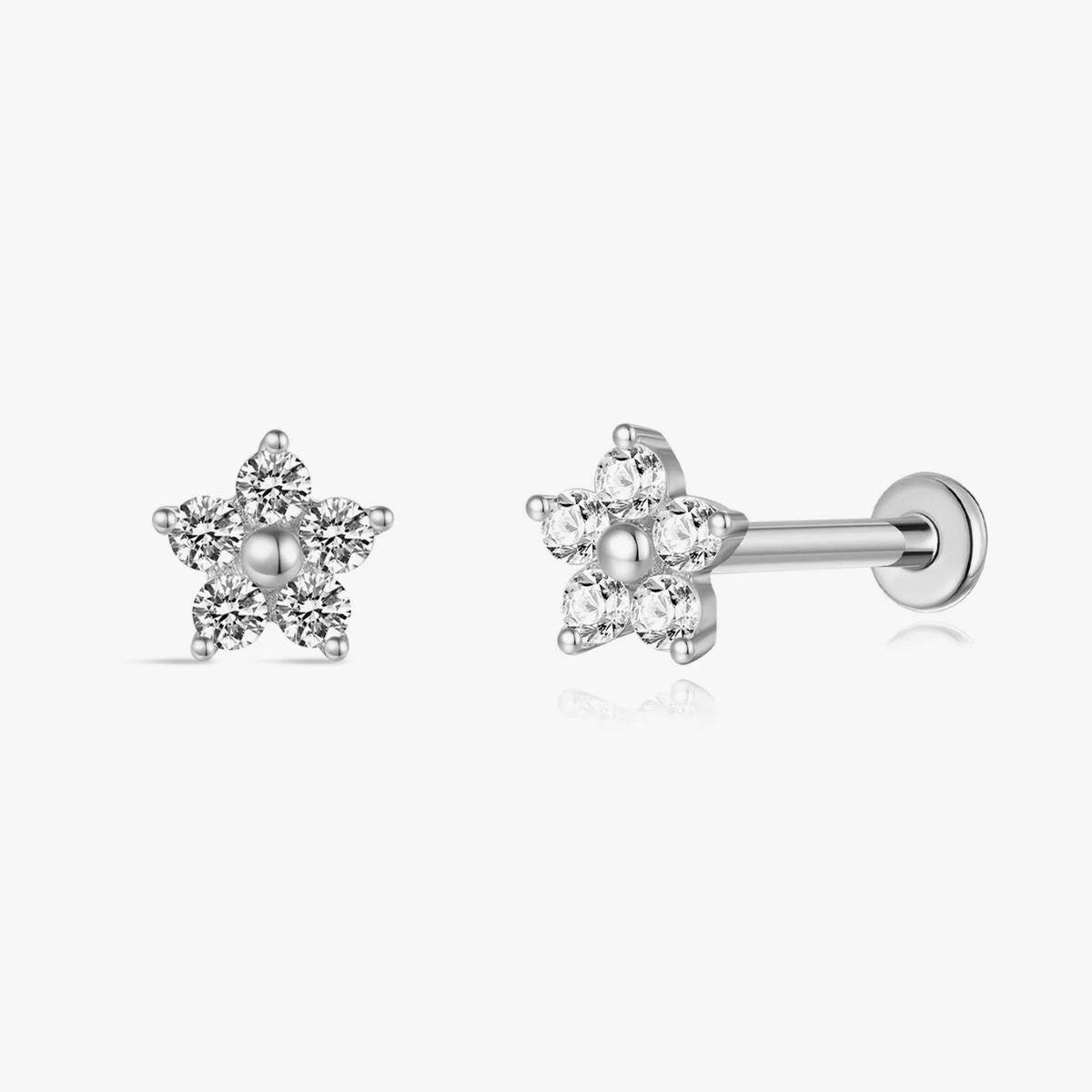 14K Solid White Gold Five-Petal Floral Flat Back Stud Piercing