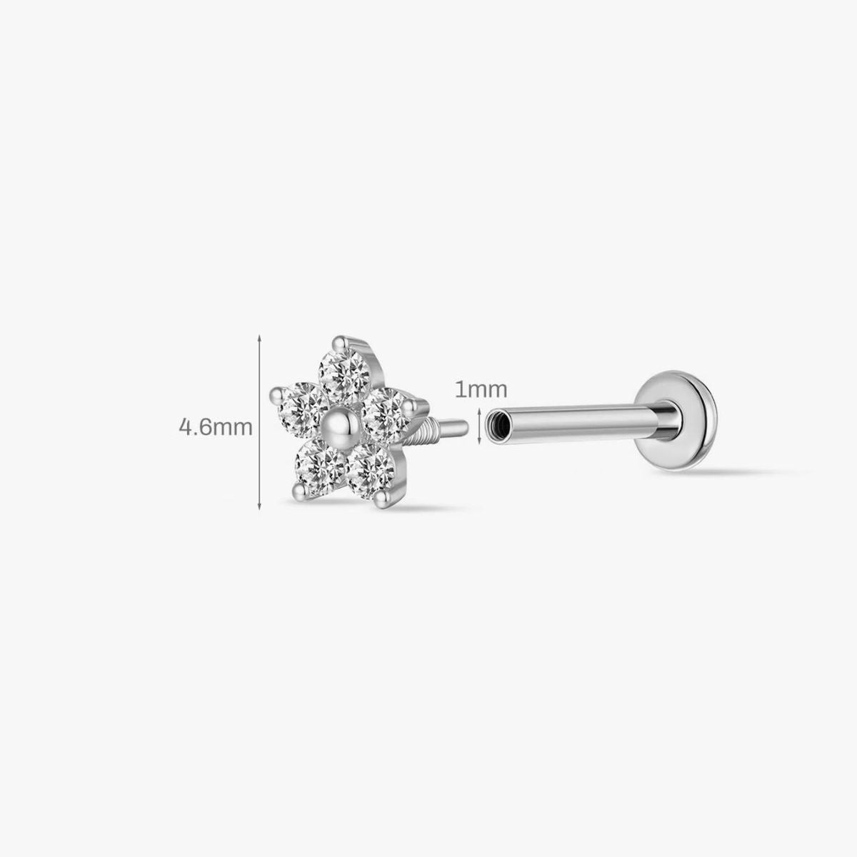 14K Solid White Gold Five-Petal Floral Flat Back Stud Piercing