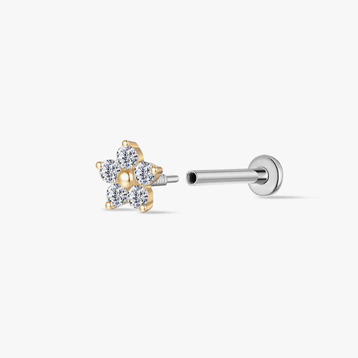 14K Solid Yellow Gold Five-Petal Floral Flat Back Stud Piercing