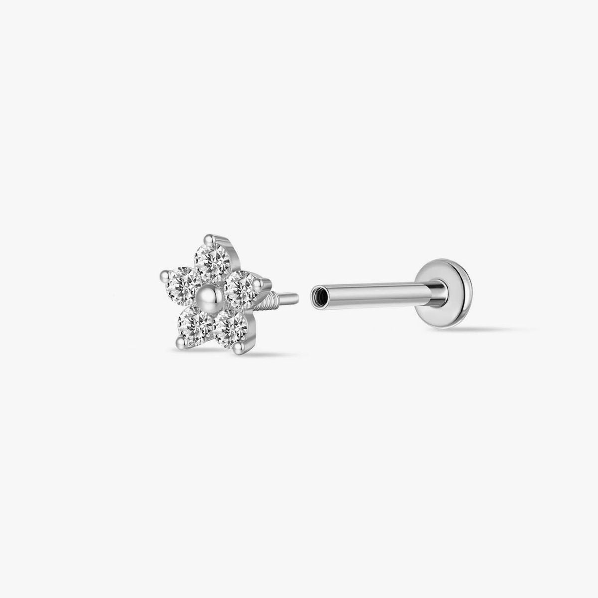14K Solid White Gold Five-Petal Floral Flat Back Stud Piercing