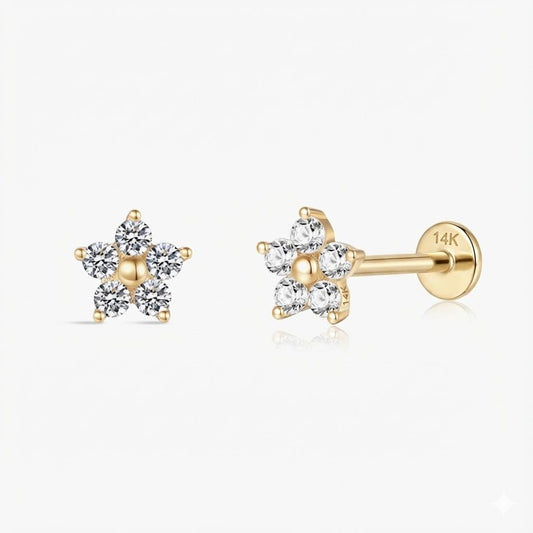 14K Solid Yellow Gold Five-Petal Floral Flat Back Stud & Solid Gold Post