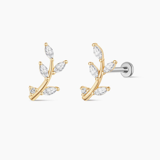 14K Yellow Gold Leaf Branch Flat-Back Stud