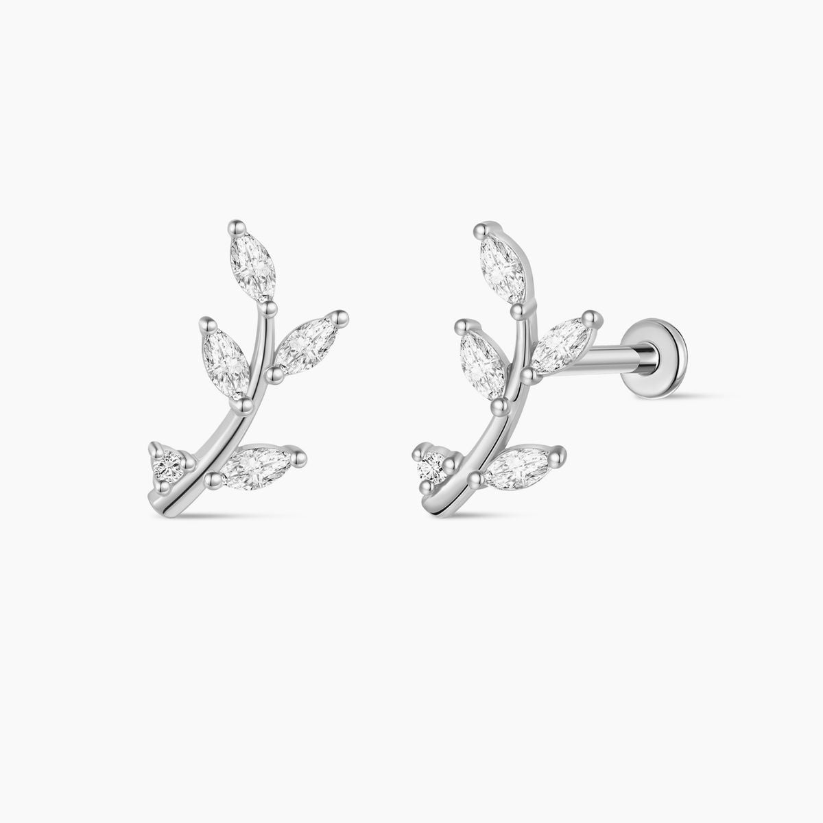 14K Solid White Gold Leaf Branch Flat Back Stud