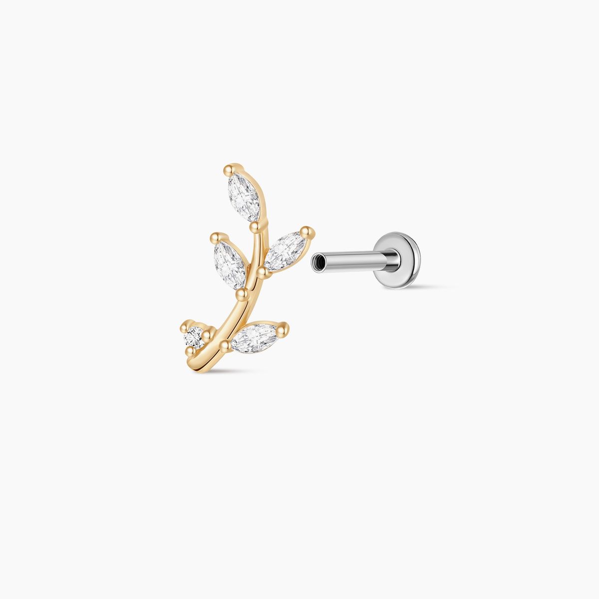 14K Yellow Gold Leaf Branch Flat-Back Stud