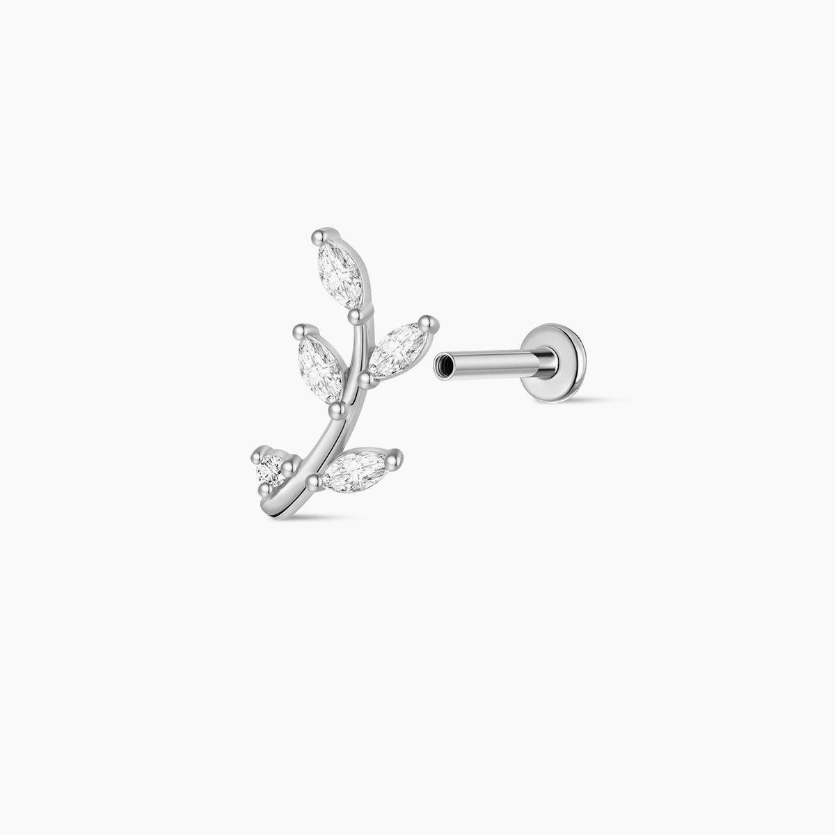 14K Solid White Gold Leaf Branch Flat Back Stud