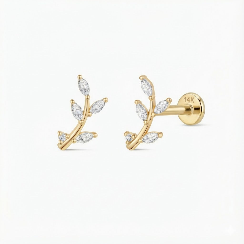 14K Solid Yellow Gold Leaf Branch Flat-Back Stud & Solid Gold Post