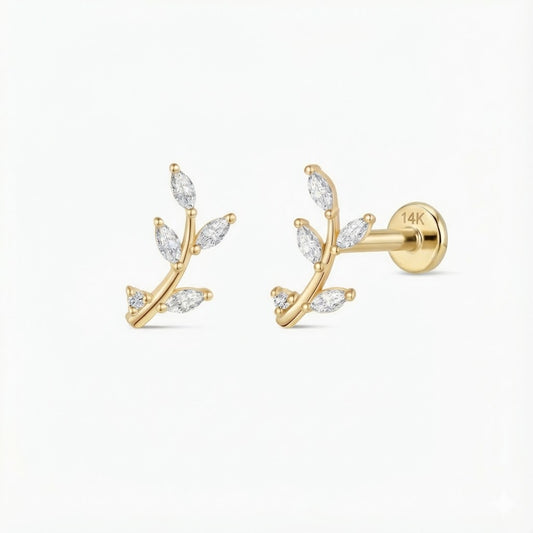 14K Solid Yellow Gold Leaf Branch Flat-Back Stud & Solid Gold Post