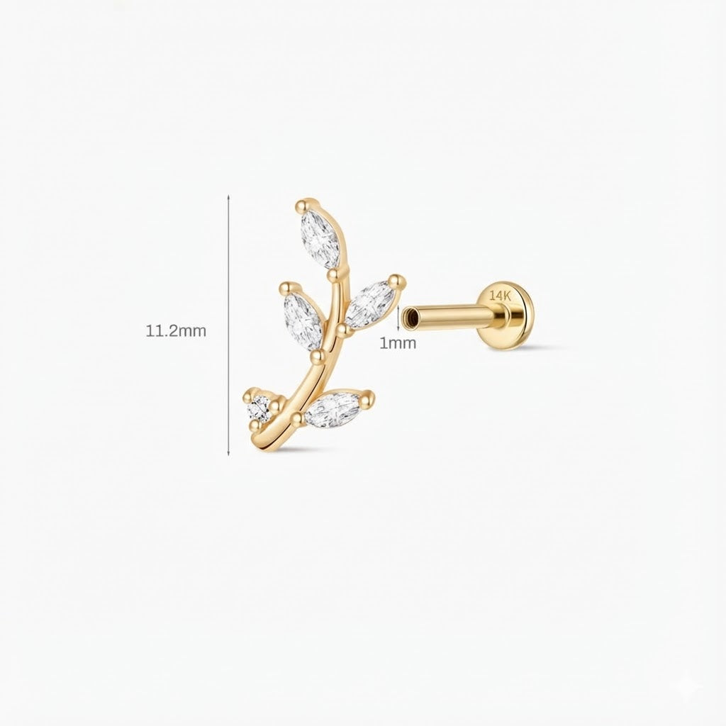14K Solid Yellow Gold Leaf Branch Flat-Back Stud & Solid Gold Post