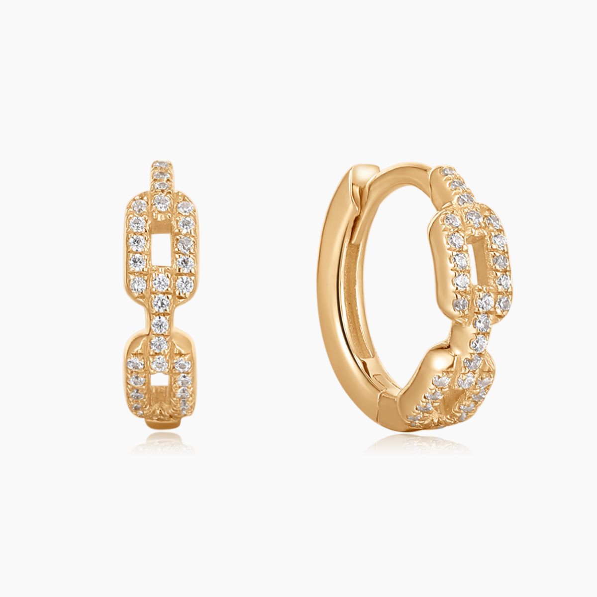 14K Solid Yellow Gold Pavé Chain-Link Huggie Hoop