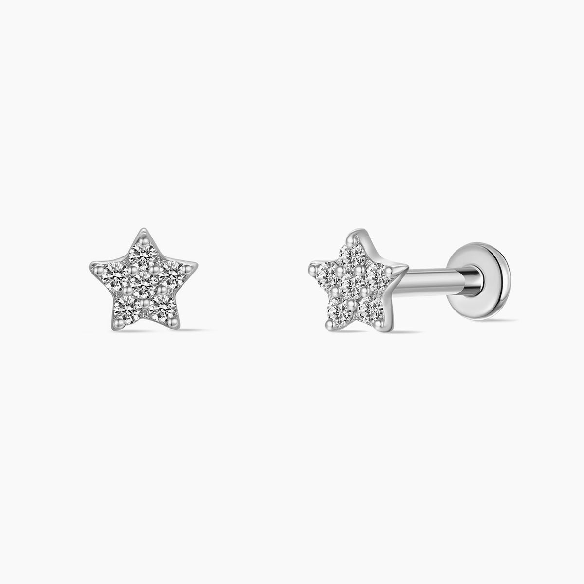 14K Solid White Gold Star Flat Back Piercing Stud