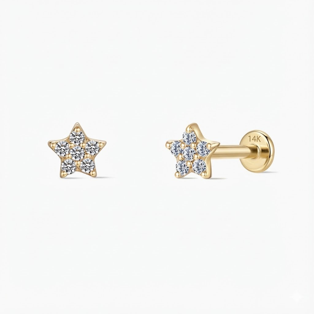 14K Solid Yellow Gold Star Flat Back Stud & Solid Gold Post