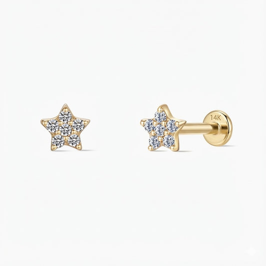 14K Solid Yellow Gold Star Flat Back Stud & Solid Gold Post