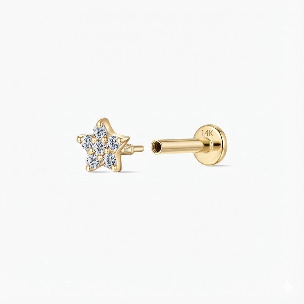 14K Solid Yellow Gold Star Flat Back Stud & Solid Gold Post