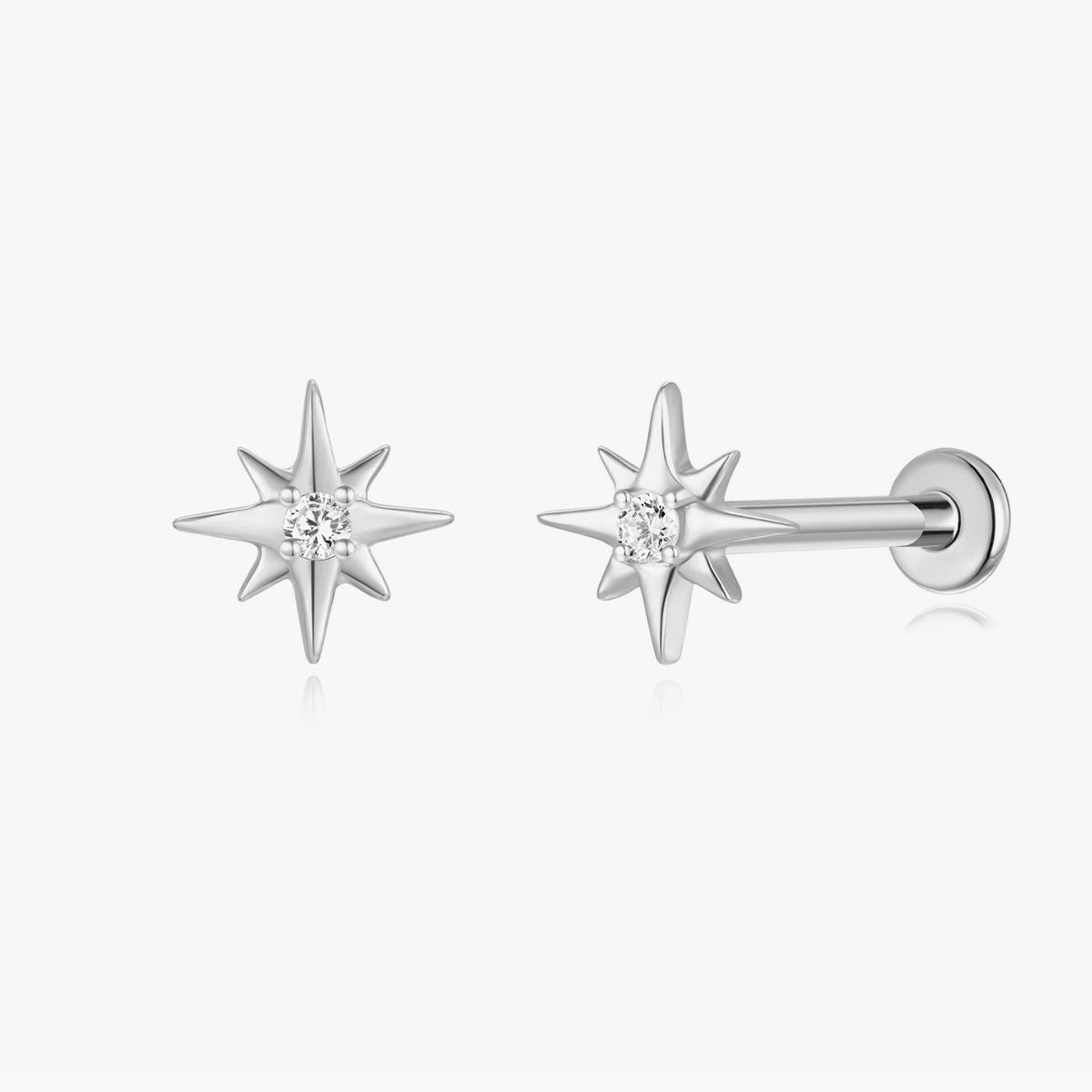 14K Solid White Gold Starburst Gem Flat Back Stud