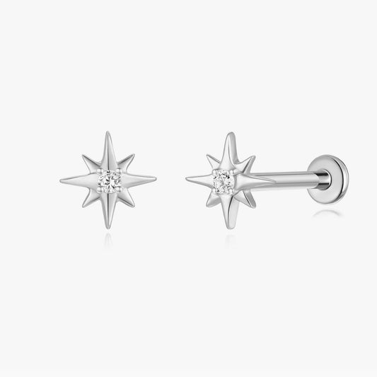 14K Solid White Gold Starburst Gem Flat Back Stud