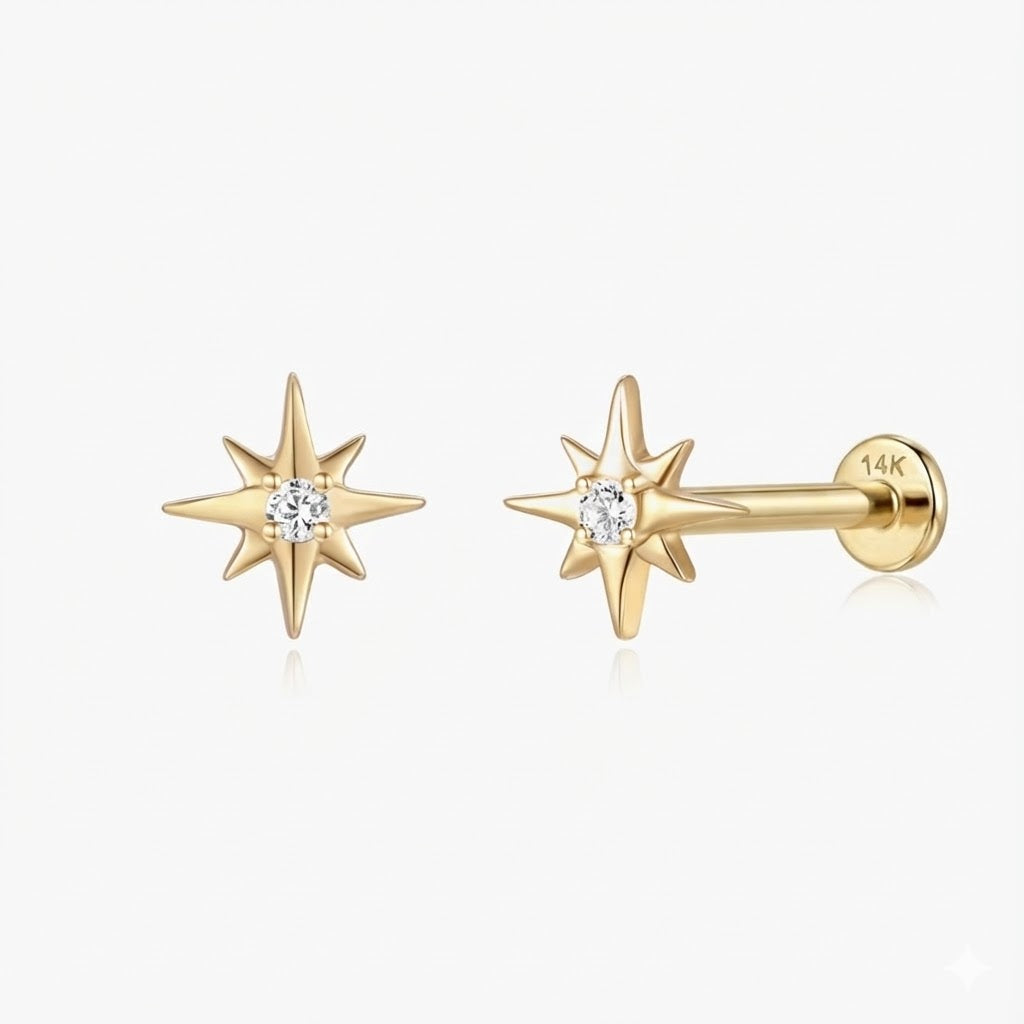 14K Solid Yellow Gold Starburst Gem Flat Back Stud & Solid Gold Post