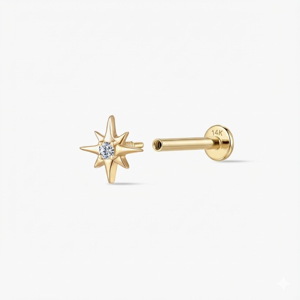 14K Solid Yellow Gold Starburst Gem Flat Back Stud & Solid Gold Post