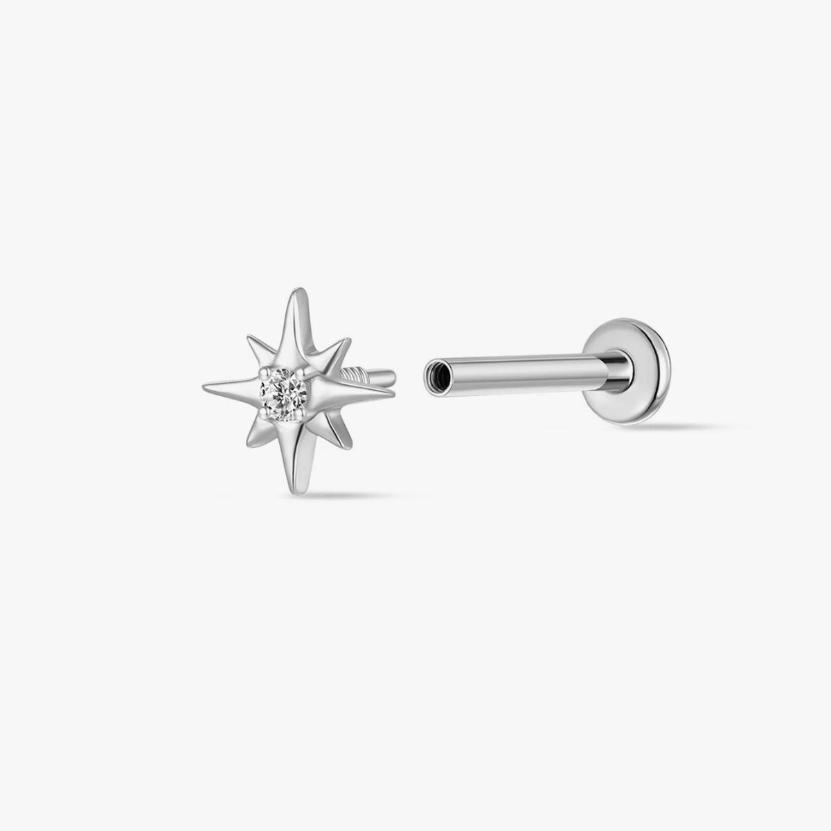 14K Solid White Gold Starburst Gem Flat Back Stud