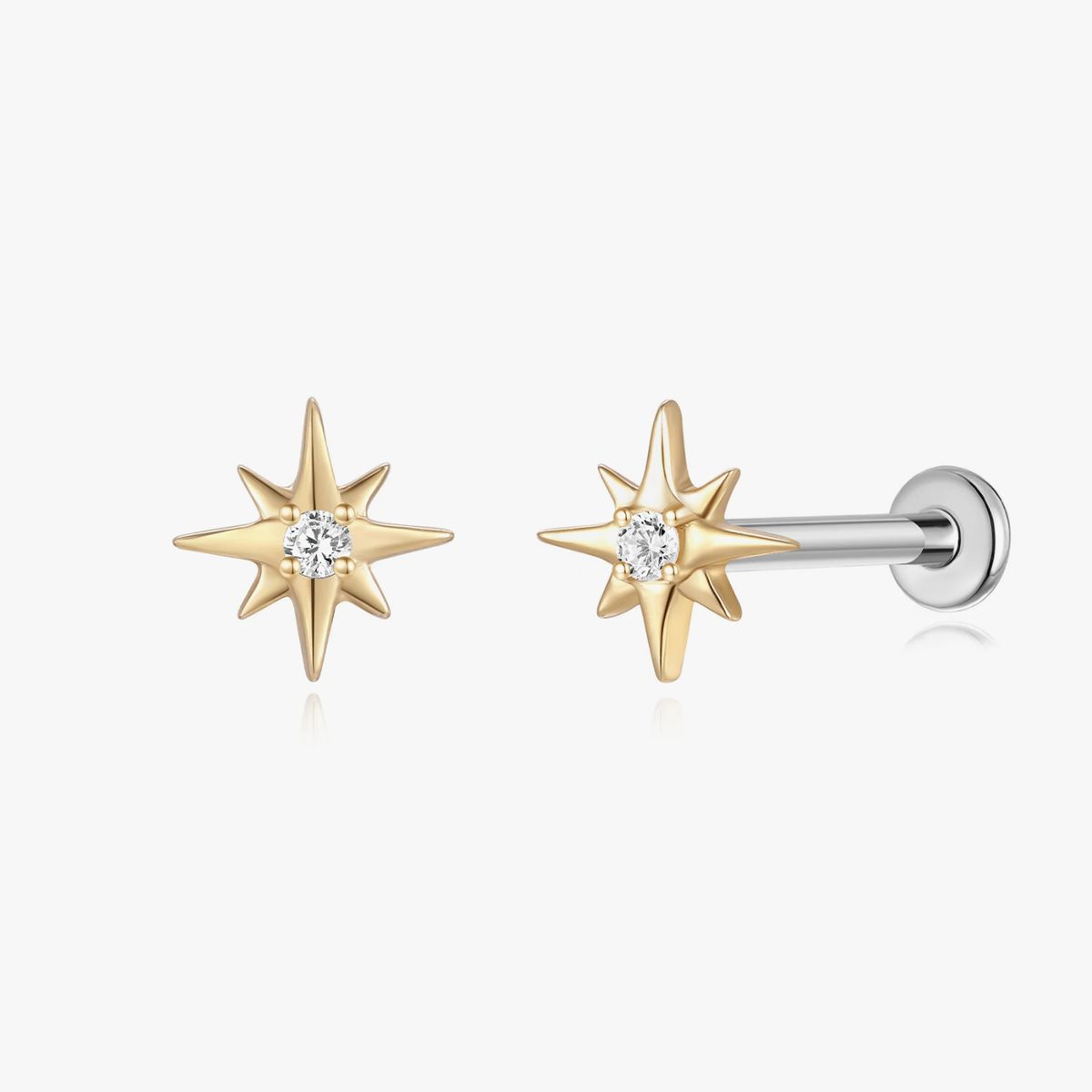 14K Solid Yellow Gold Starburst Gem Flat Back Stud