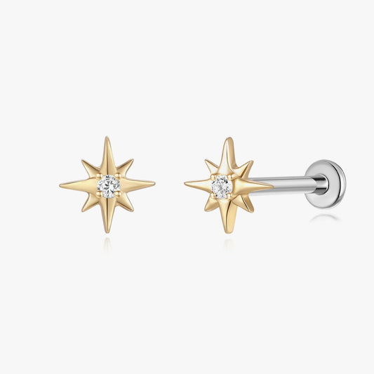 14K Solid Yellow Gold Starburst Gem Flat Back Stud