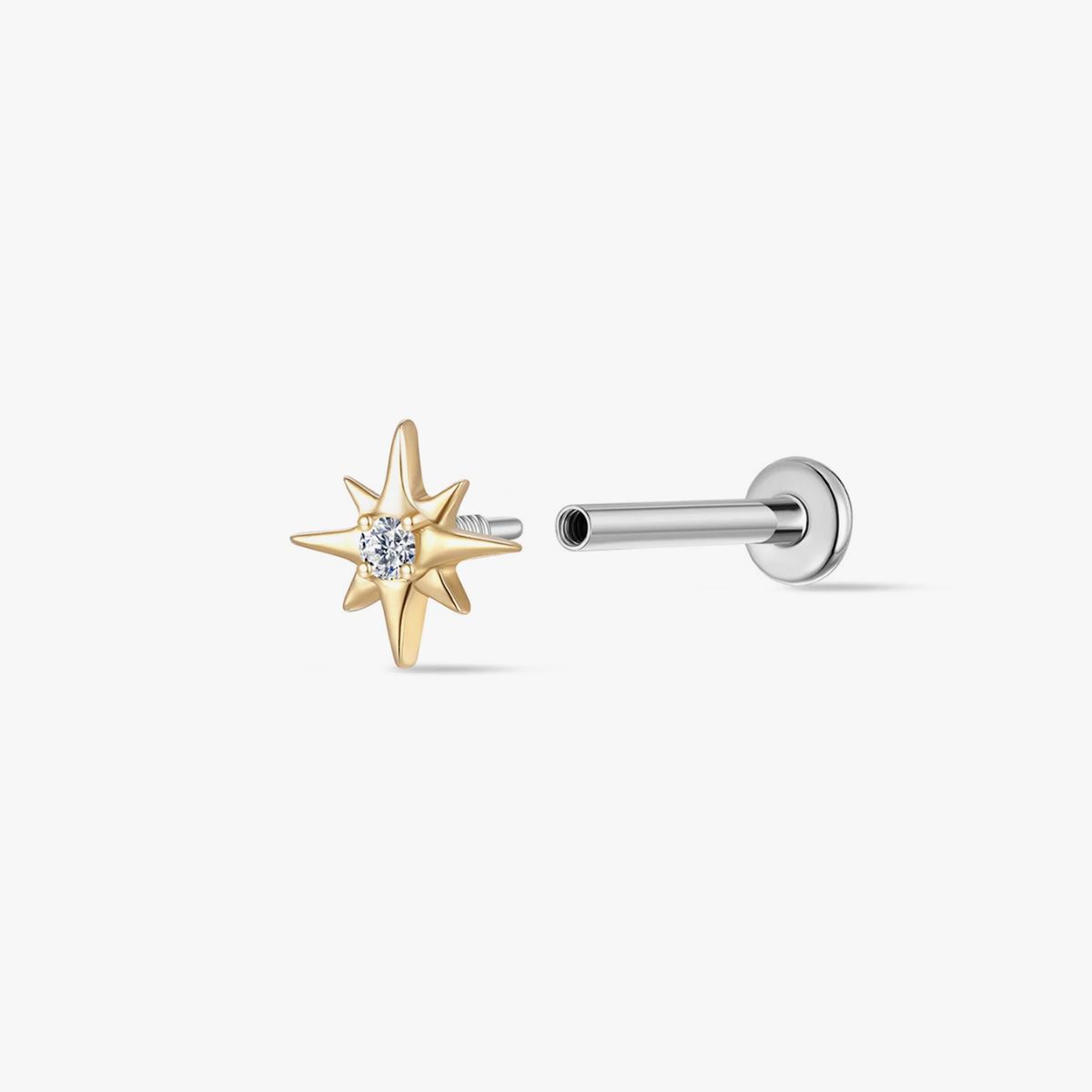 14K Solid Yellow Gold Starburst Gem Flat Back Stud