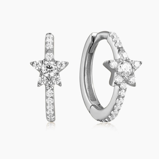 14K Solid White Gold Starburst Pavé Huggie Hoop