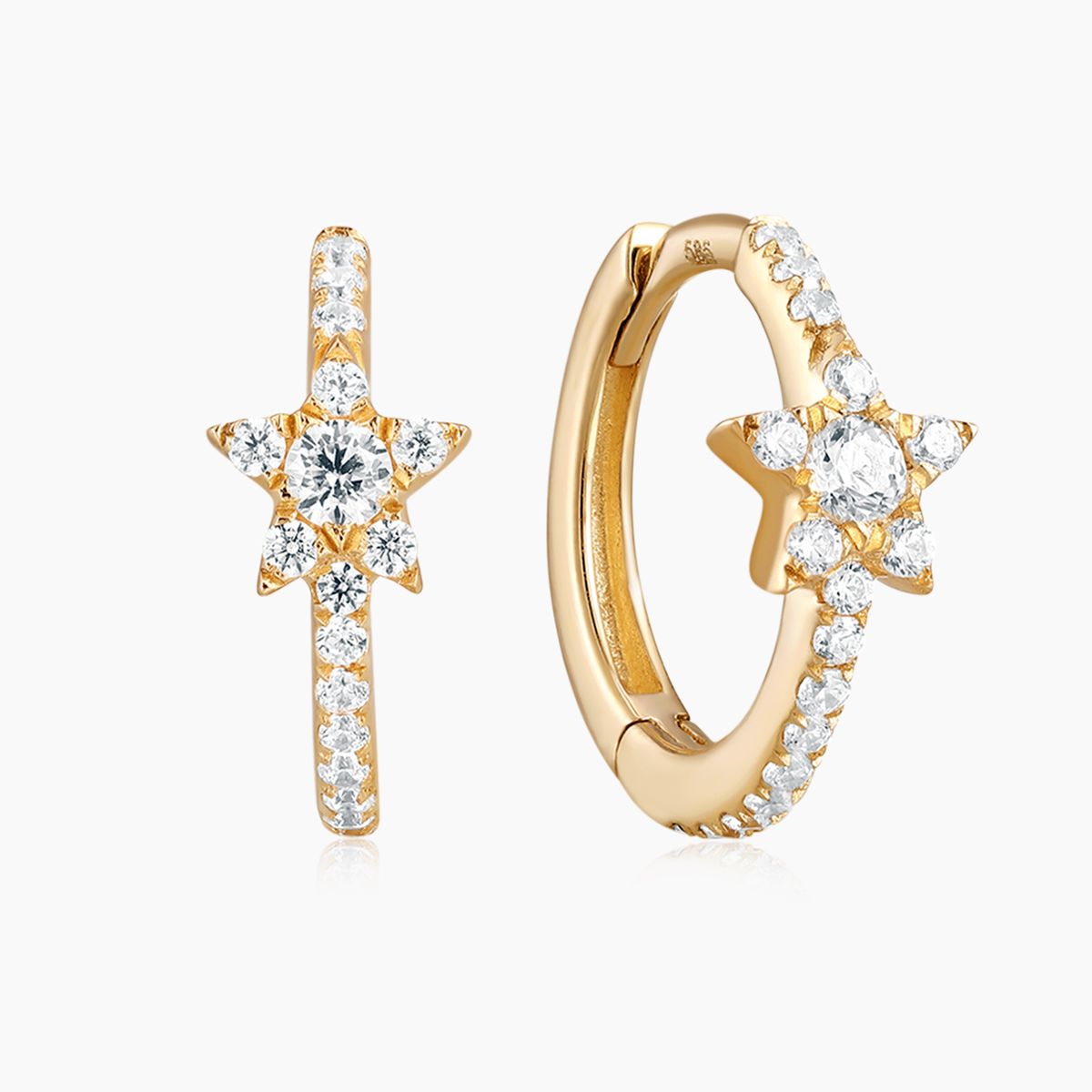 14K Solid Yellow Gold Starburst Pavé Huggie Hoop