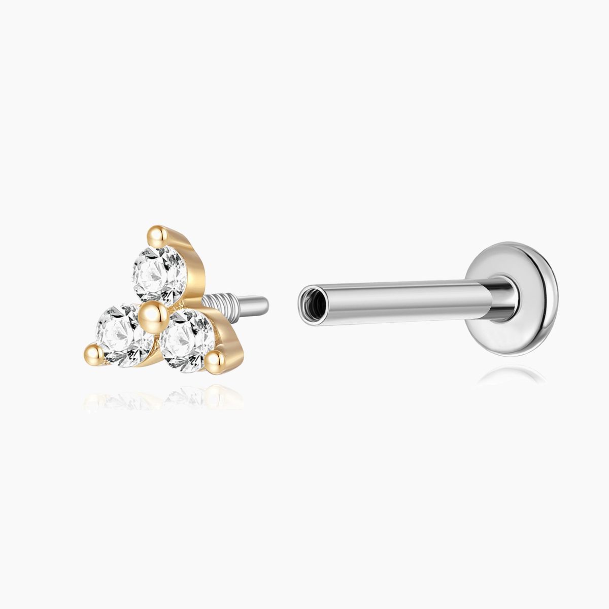 14K Solid Yellow Gold Triple Gem Flat Back Stud Piercing