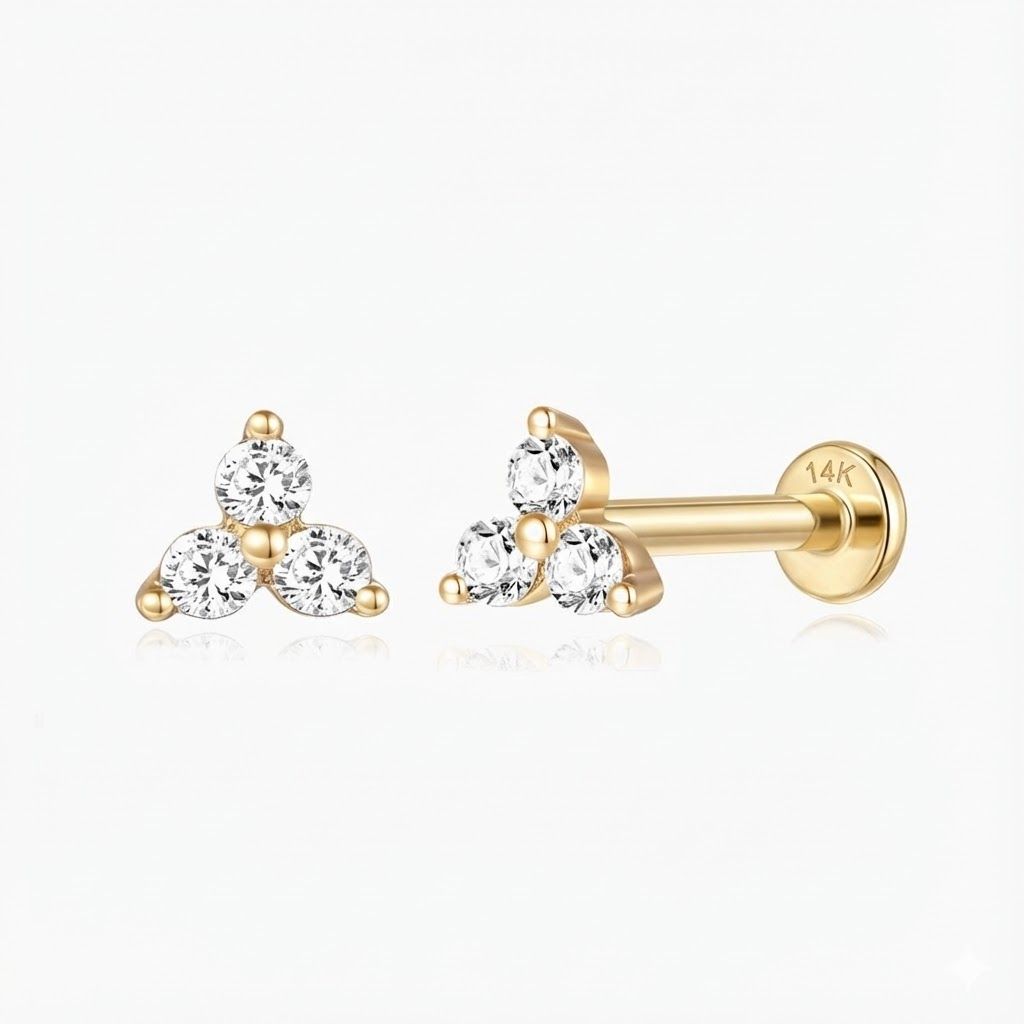 14K Solid Yellow Gold Triple Gem Flat Back Stud & Solid Gold Post
