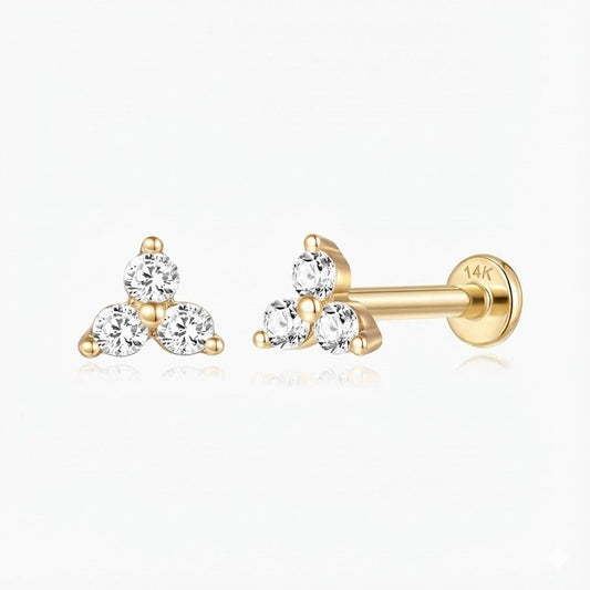 14K Solid Yellow Gold Triple Gem Flat Back Stud & Solid Gold Post