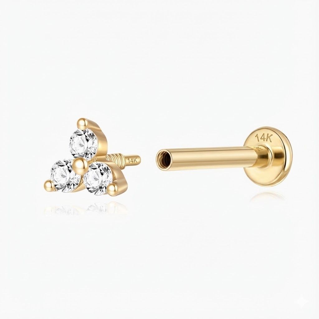 14K Solid Yellow Gold Triple Gem Flat Back Stud & Solid Gold Post