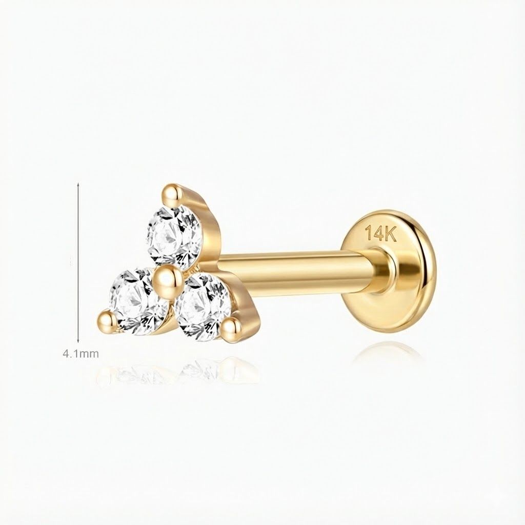 14K Solid Yellow Gold Triple Gem Flat Back Stud & Solid Gold Post