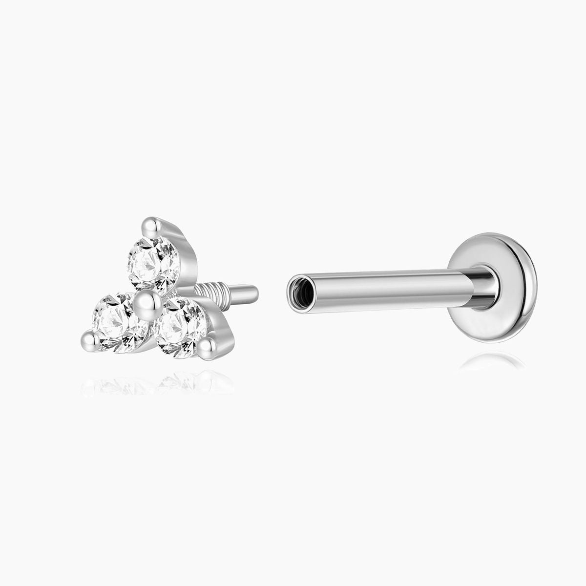 14K Solid White Gold Triple Gem Flat Back Stud Piercing