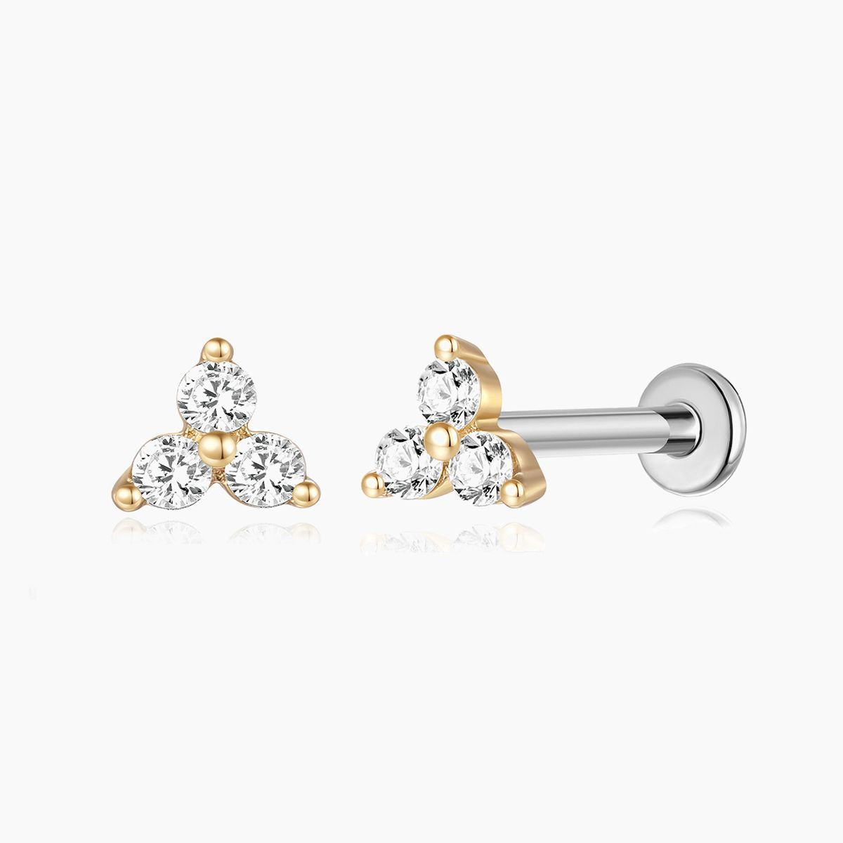 14K Solid Yellow Gold Triple Gem Flat Back Stud Piercing