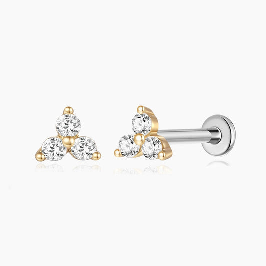 14K Solid Yellow Gold Triple Gem Flat Back Stud Piercing