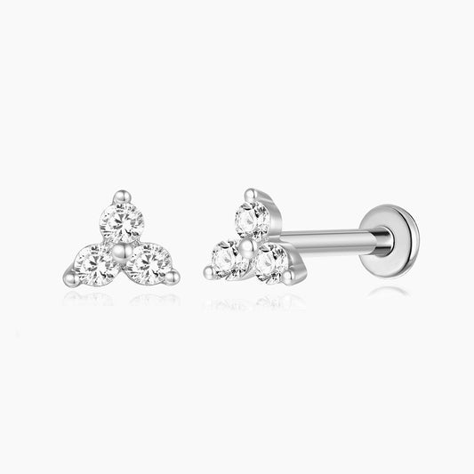 14K Solid White Gold Triple Gem Flat Back Stud Piercing