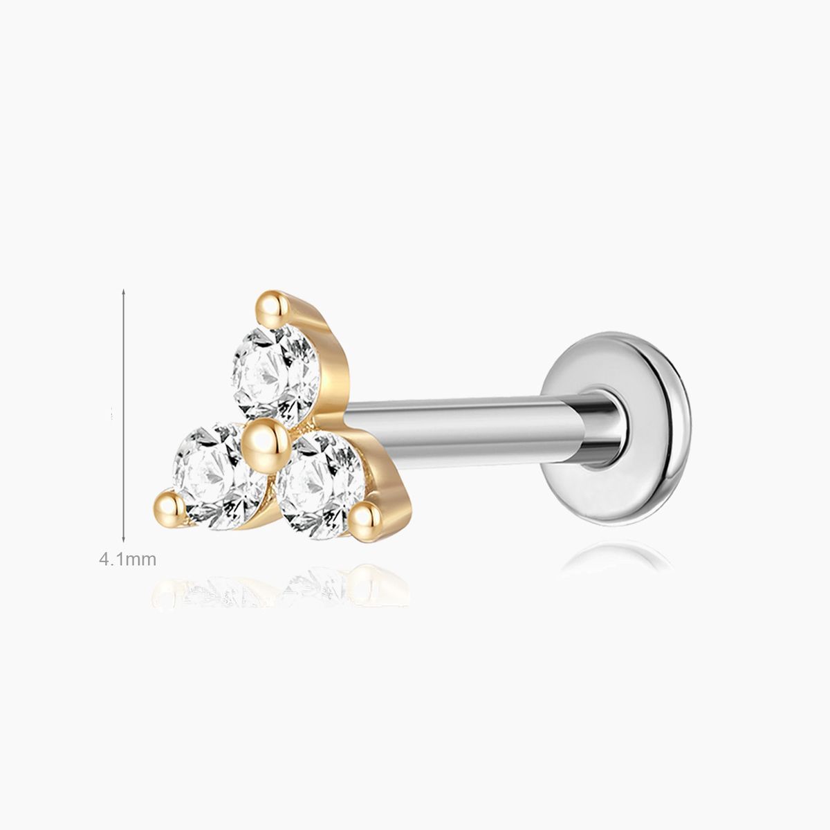 14K Solid Yellow Gold Triple Gem Flat Back Stud Piercing