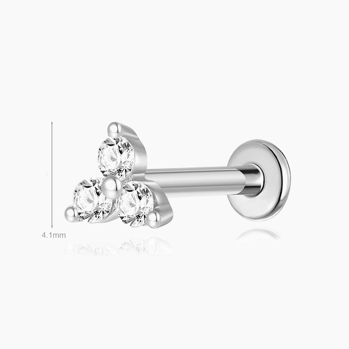 14K Solid White Gold Triple Gem Flat Back Stud Piercing