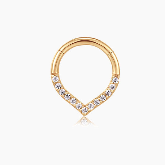 14K Solid Yellow Gold V-Shaped Pavé Clicker Hoop