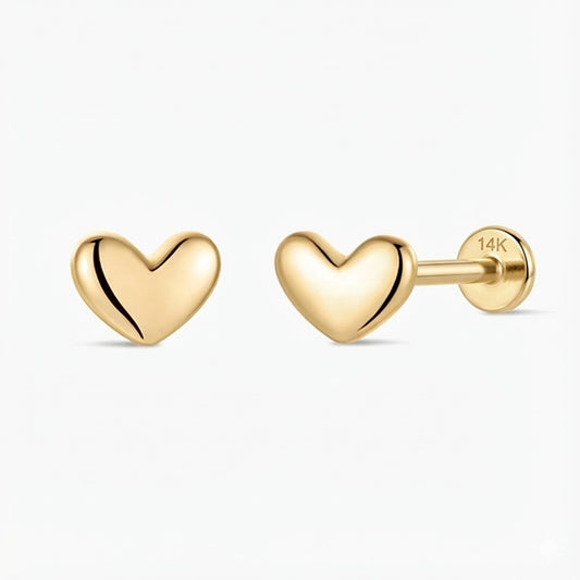 14K Solid Yellow Gold Mini Heart Flat-Back Stud & Solid Gold Post