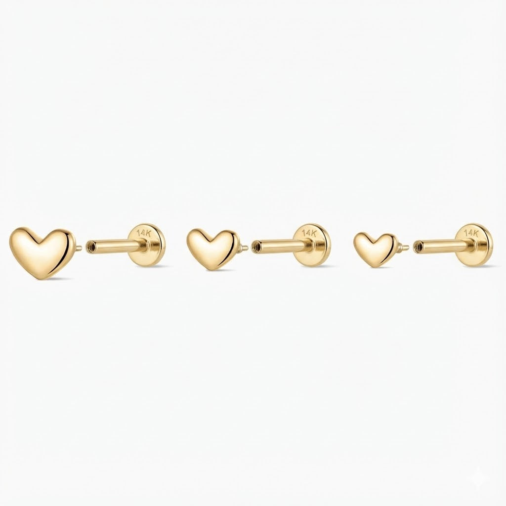 14K Solid Yellow Gold Mini Heart Flat-Back Stud & Solid Gold Post