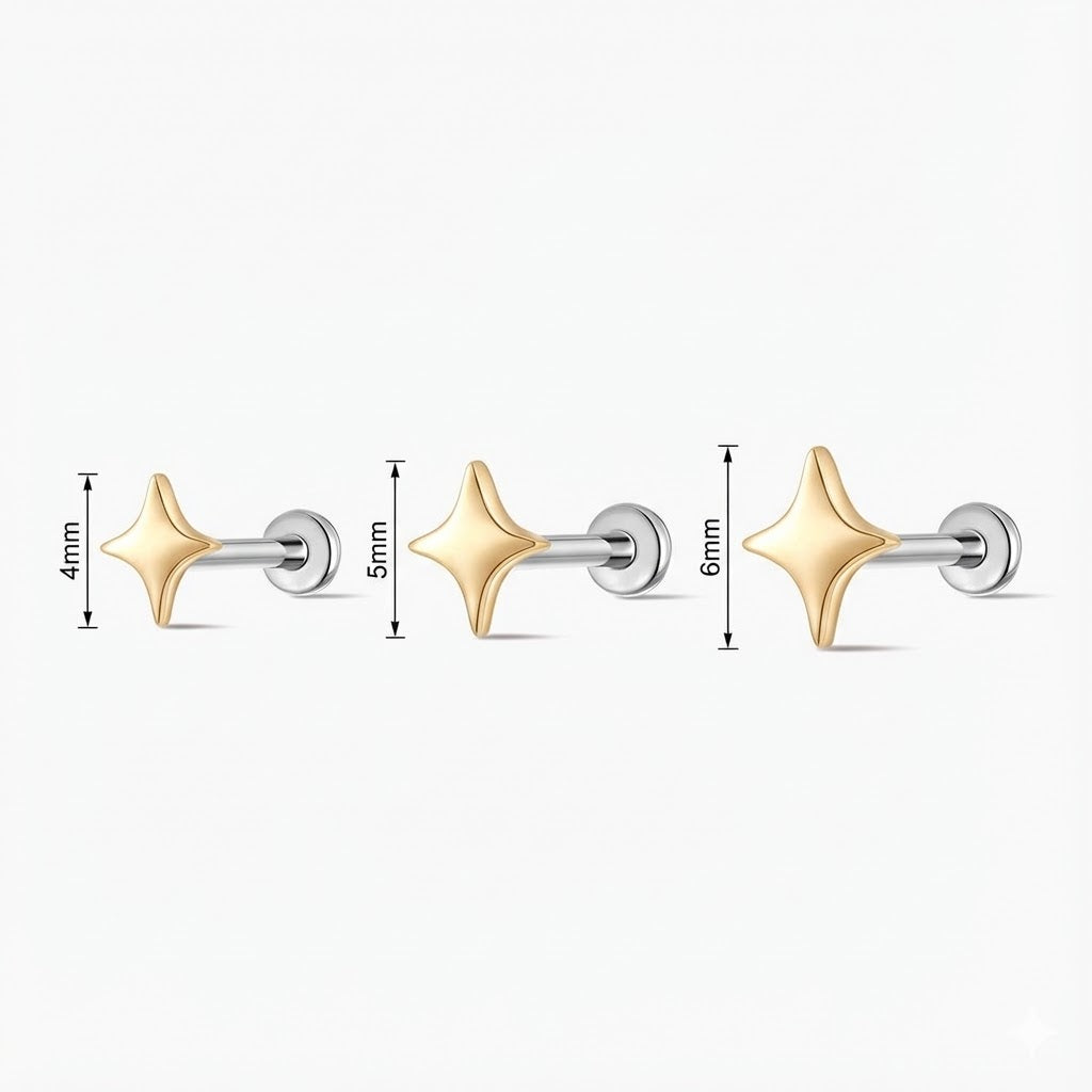 14K Solid Yellow Gold Smooth Star Flat Back Stud & Titanium Post