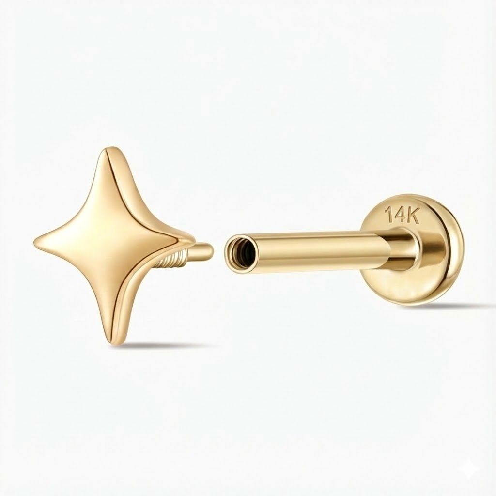 14K Solid Yellow Gold Smooth Star Flat Back Stud & Solid Gold Post