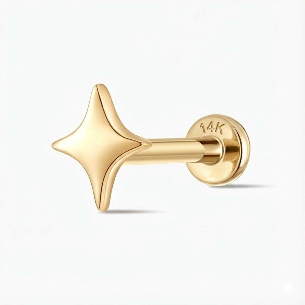 14K Solid Yellow Gold Smooth Star Flat Back Stud & Solid Gold Post