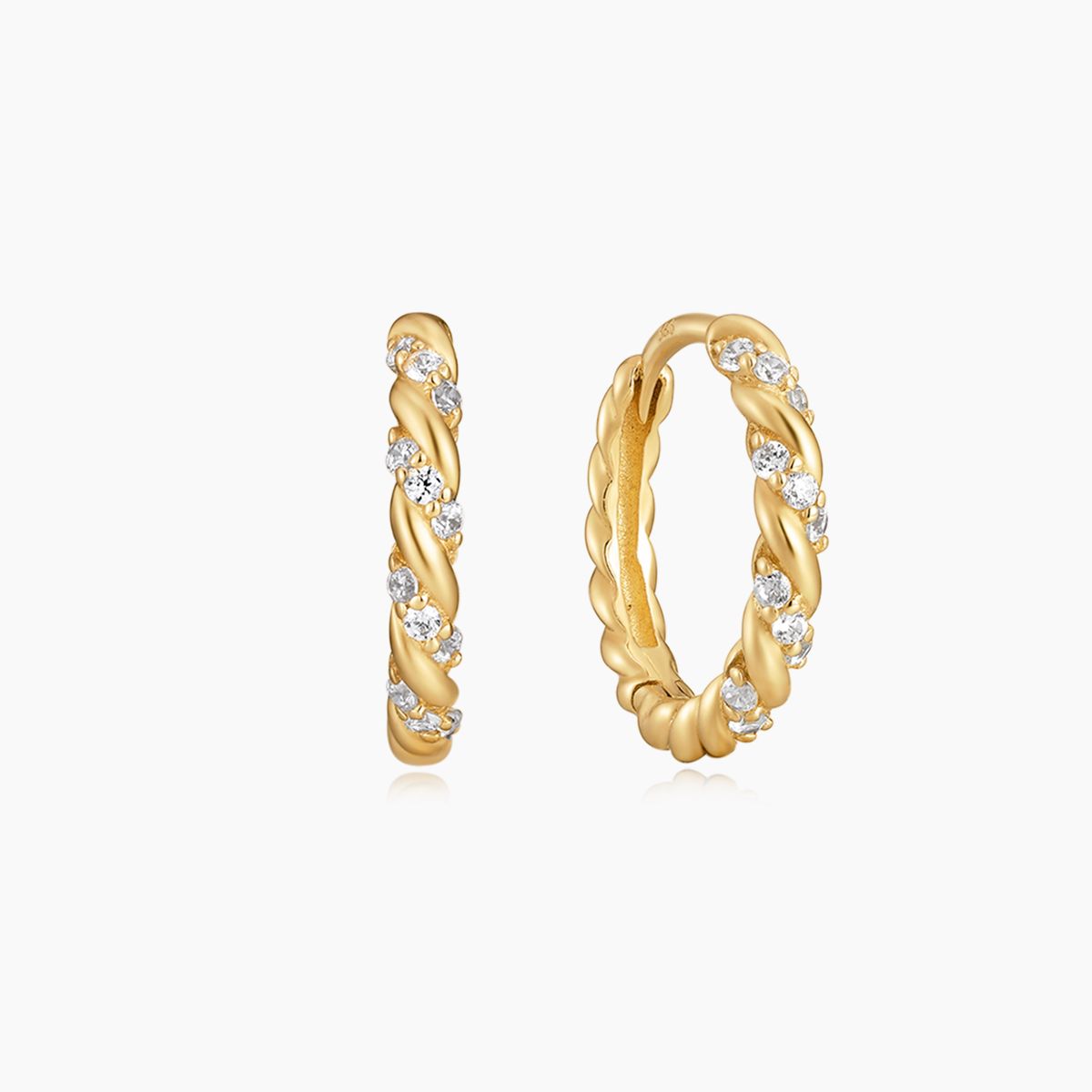 14K Solid Yellow Gold Twisted Pavé Hoop Earring