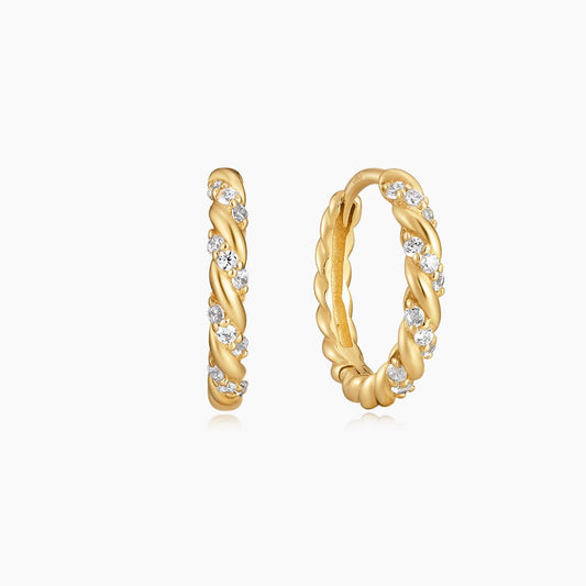 14K Solid Yellow Gold Twisted Pavé Hoop Earring