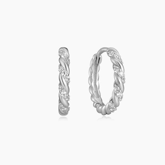 14K Solid White Gold Twisted Pavé Hoop Earring